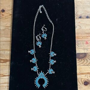 Faux Turquoise Southwestern Squash Blossom Necklace and Earring Set